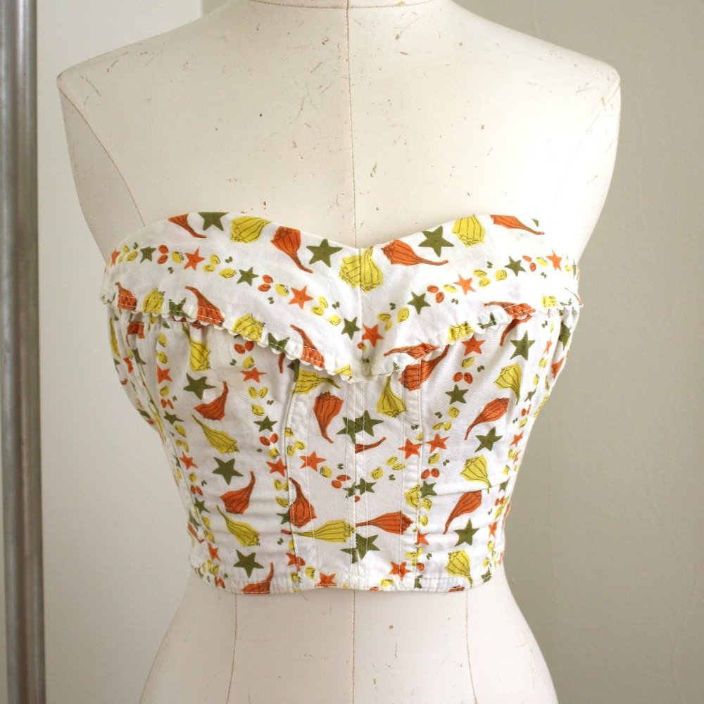 50s / 1950s Orange Olive Green Yellow Sea Shell Print Bustier Crop Sun Top XS